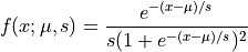 f(x; \mu, s) = \frac{e^{-(x-\mu)/s}}{s(1+e^{-(x-\mu)/s})^2}